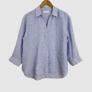 Uniqlo Premium Linen Skipper Collar 3/4 Sleeve Popover Top Blue